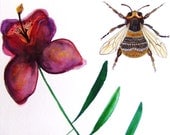 Bee Original Watercolor Painting Flower Insect Plant Botany Bee Drawing Ink Art Pink Green Decor Fine Art Still Life Bee Flower Insect Art
