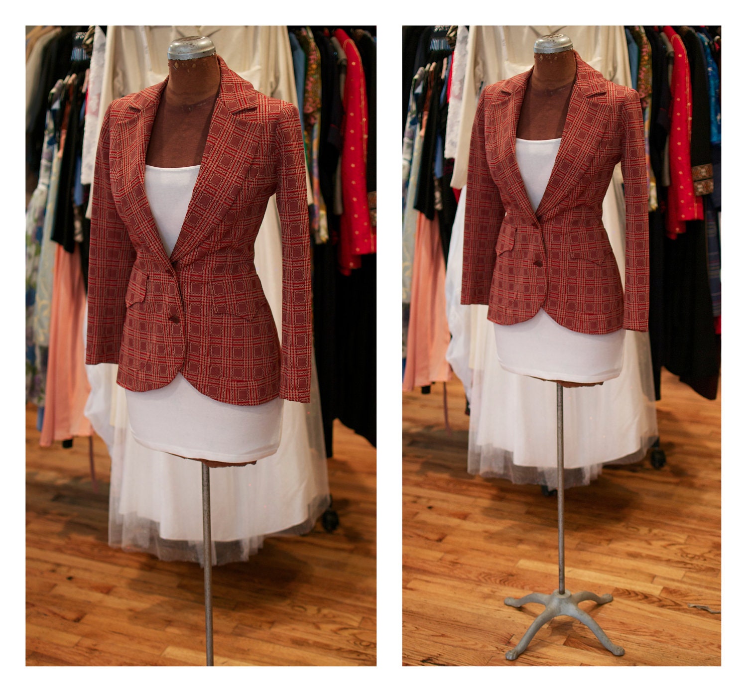 1980s Check Pattern Fitted Single Breasted Blazer Jacket