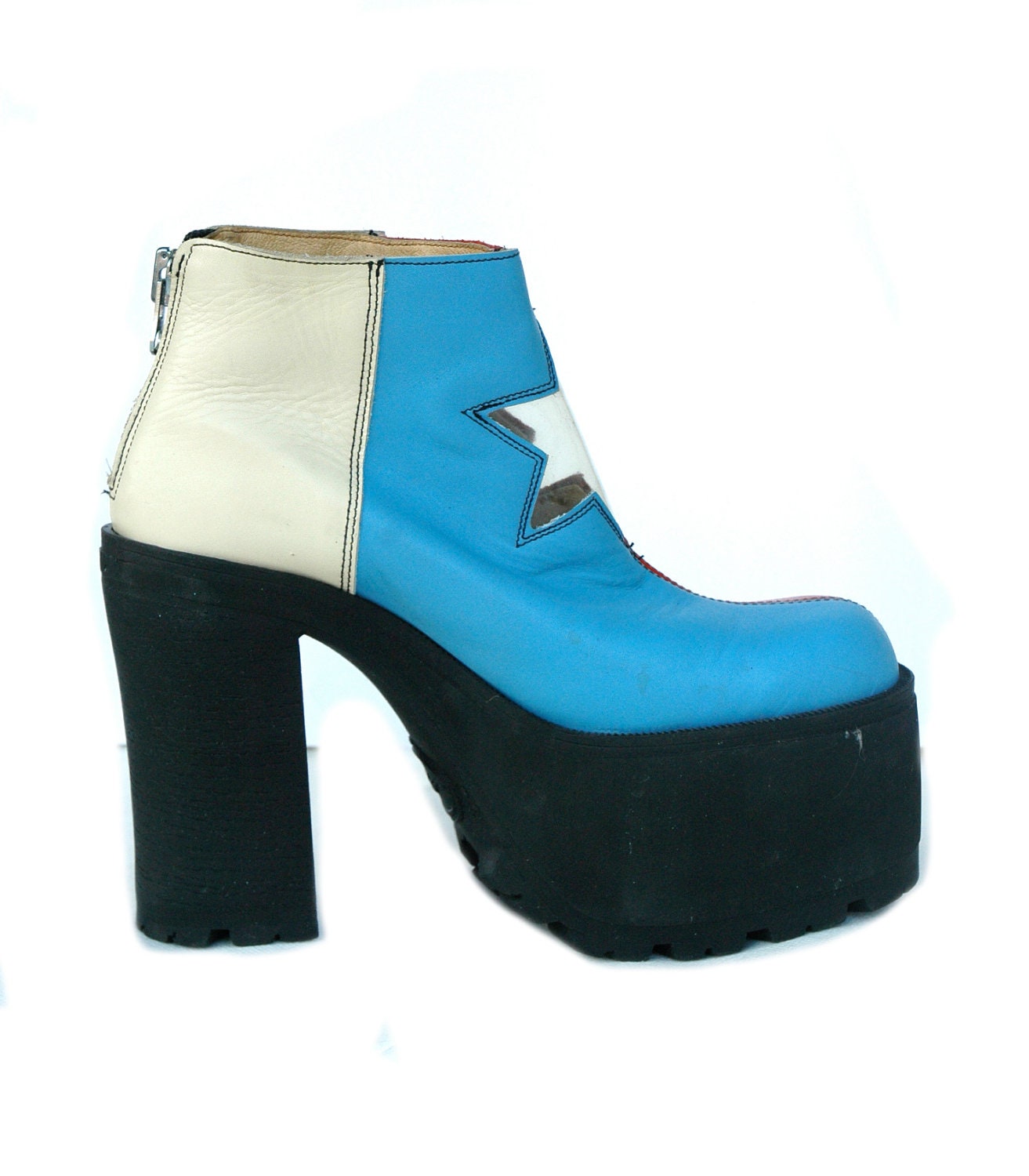 VTG 90s Blue-Red Leather Funky Disco Platform Shoes with transparent star & zipper / EU 39 - US 8.5