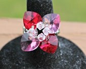 Four Petal Love Me Fashion Ring, Swarovski Crystal Heart Petal Ring, Red and Pink Ring, Mother's Ring, Made to Order in Your Size