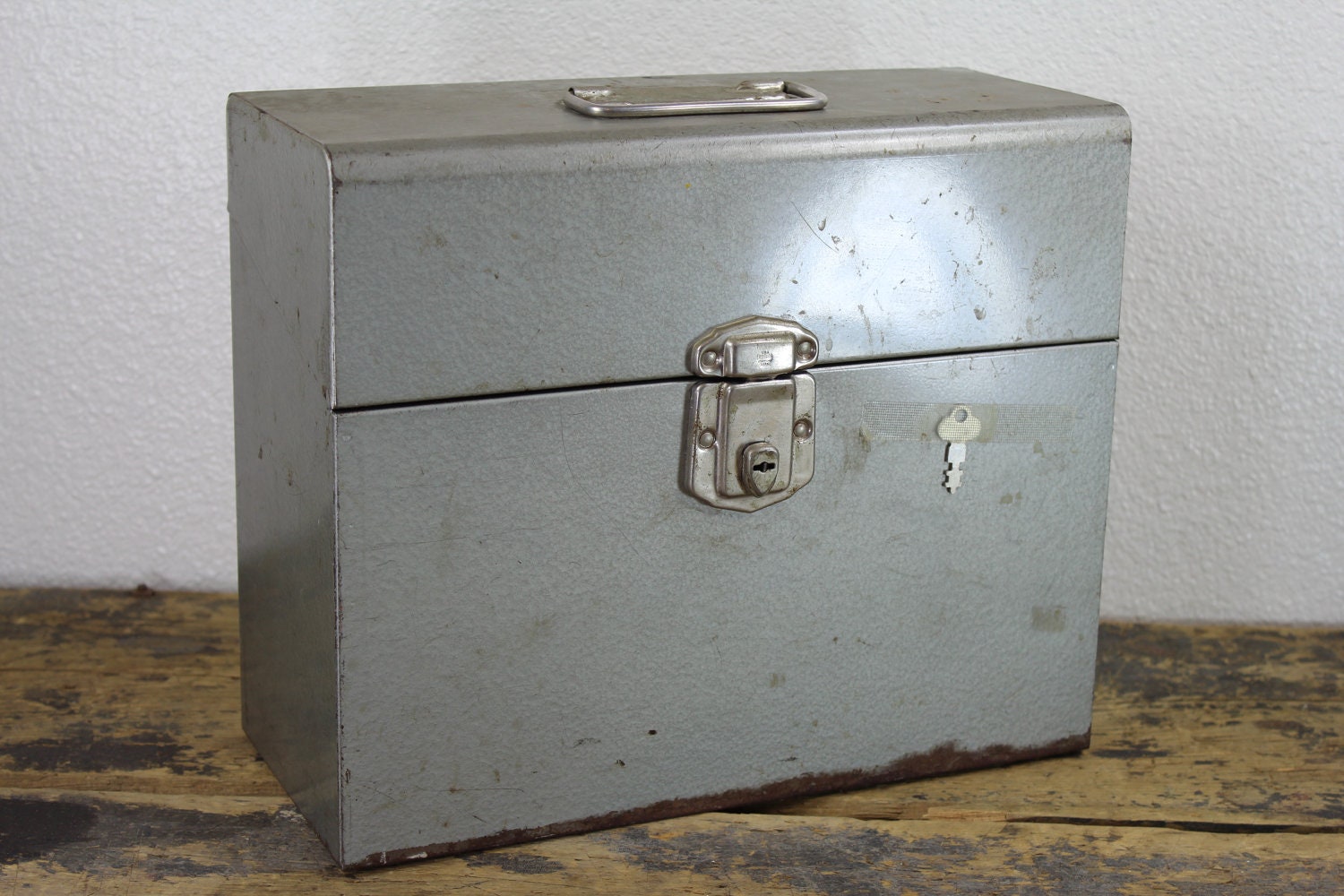 Industrial Silver Metal File Box with Key // Storage Container