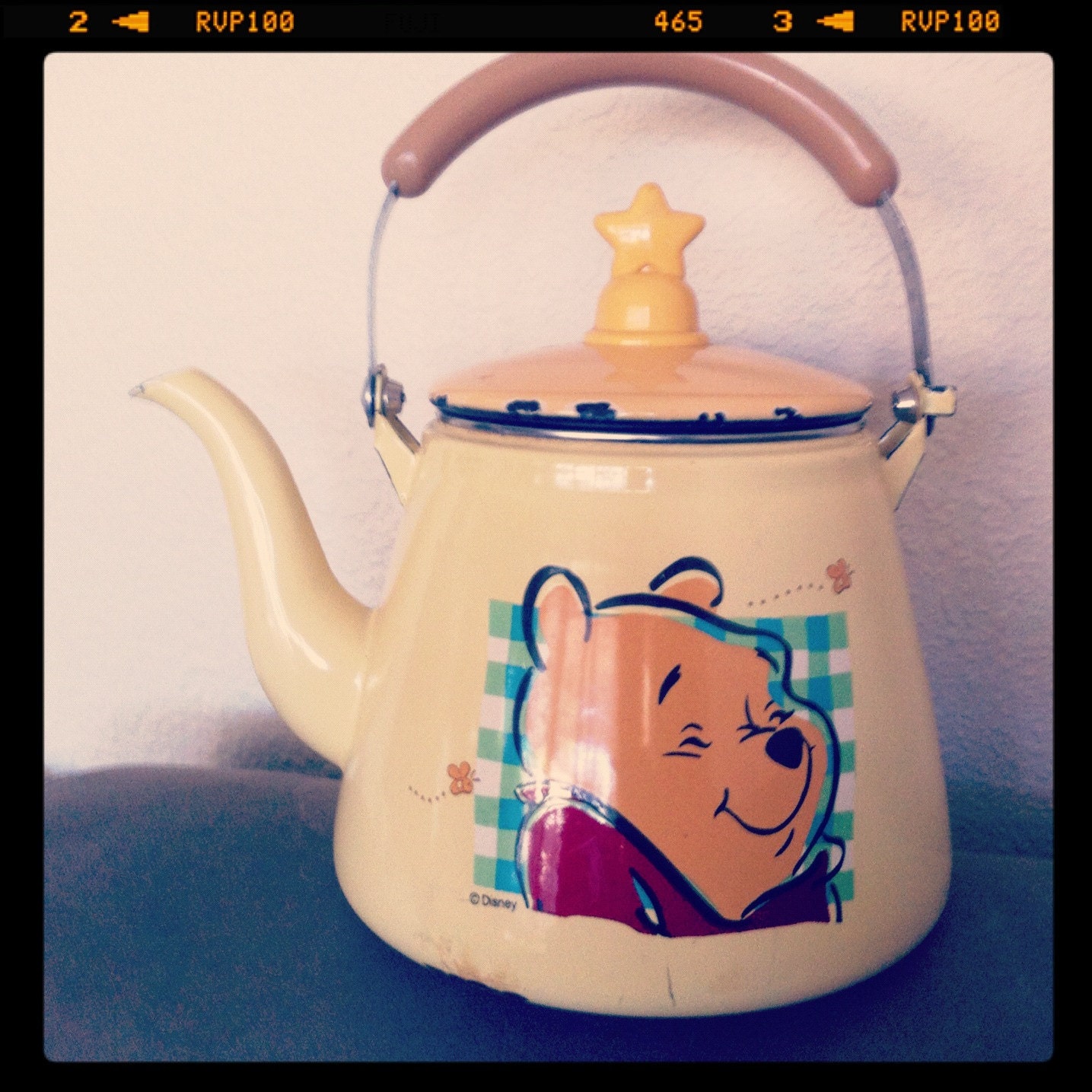 Vintage Winnie The Pooh Disney Tea Pot Yellow Orange Red with star lid Enamel Collectible Blue Honey Jar and Butterflies