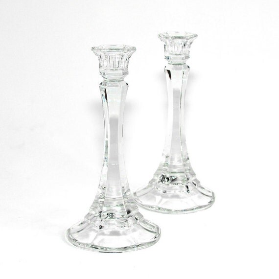 Tall Clear Glass Candle Stick Holders SET OF 2 by OneRustyNail