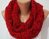Hand knitted scarf...Red...black..... Infinity Scarf Loop Scarf Circle Scarf ..