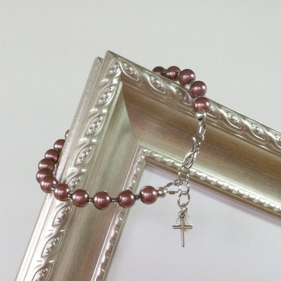 Rose Colored Pearl Bracelet - Cross Charm