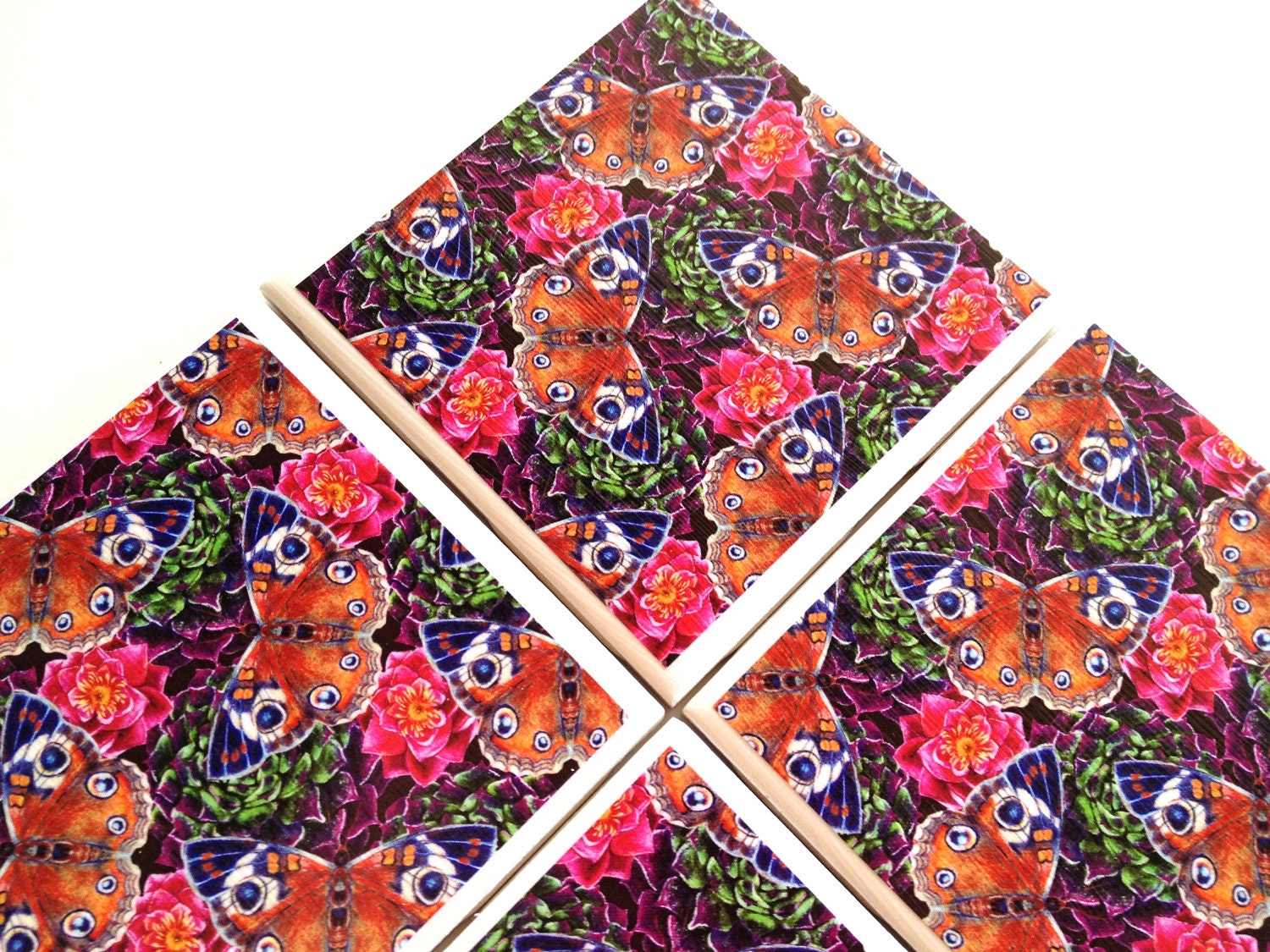 Butterfly Coasters, Pink Rose Ceramic Tiles, Spring Garden Collage, Table Drink Set