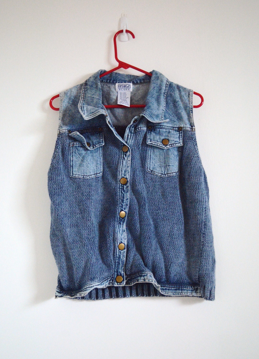 Vintage Acid Wash Denim Knit Sweater Vest Size L