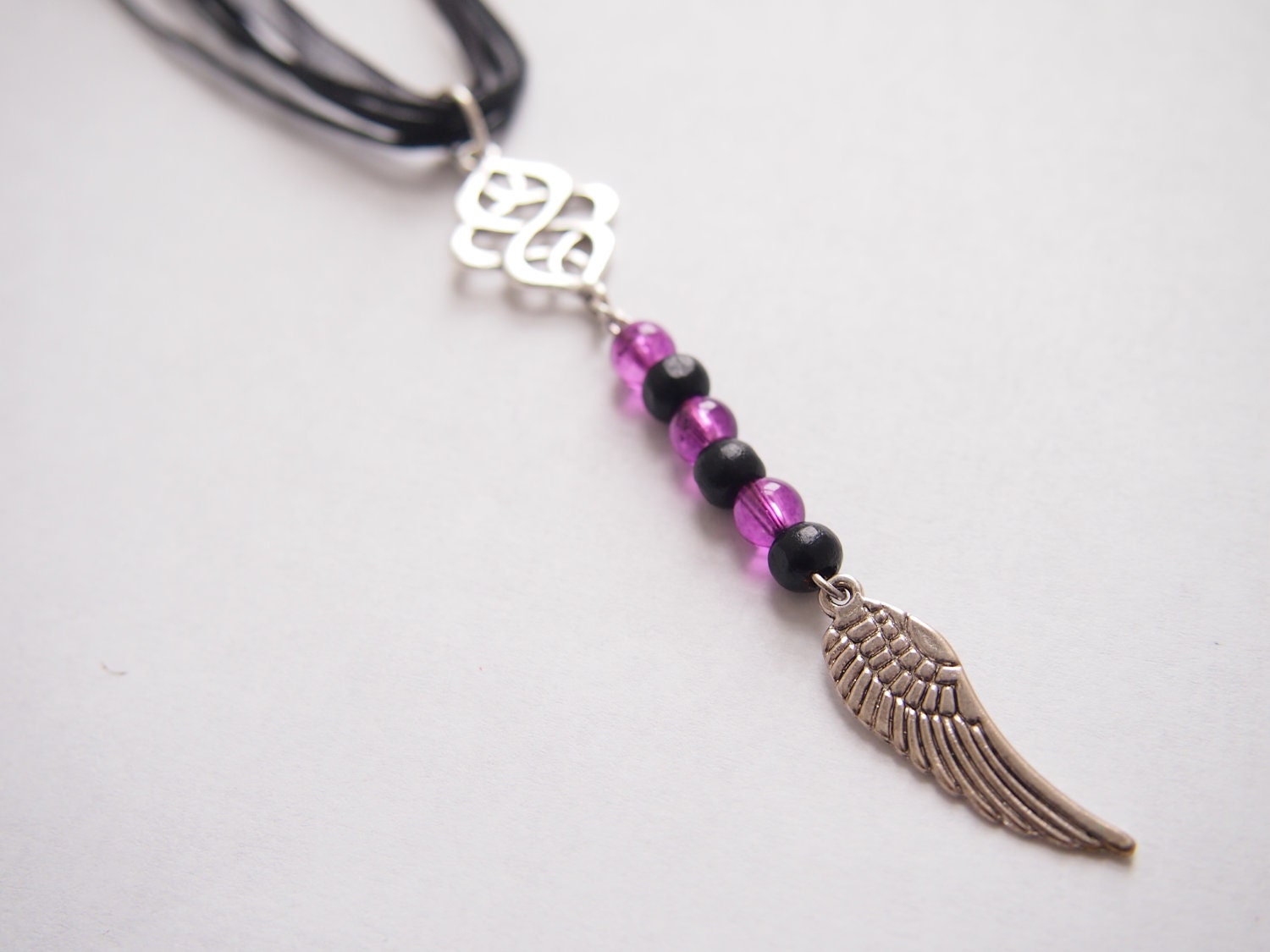 SALE"""" Angel wing necklace, gothic, purple and black, Celtic knot, Pagan, Wicca, Witch
