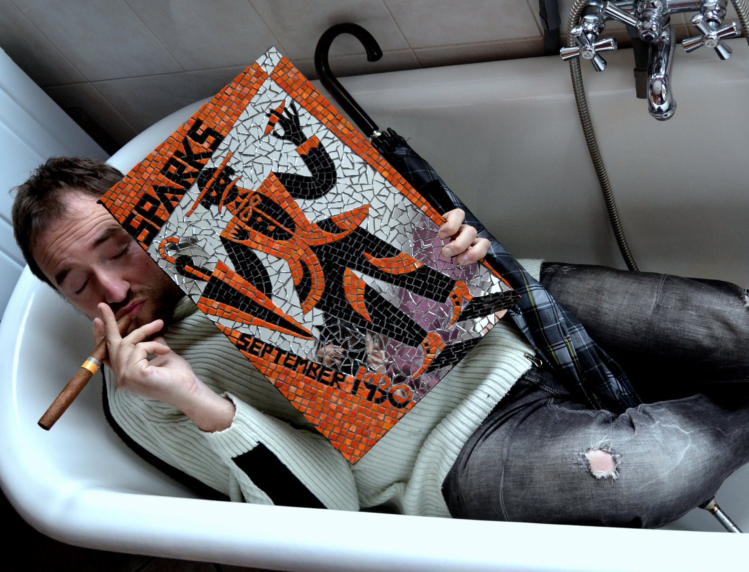 glass mosaic wall art SPARKS vintage magazine Depero futurisme, orange, black, mirror