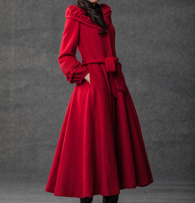 Winter women Shawl collar red wool long  Coat (155)