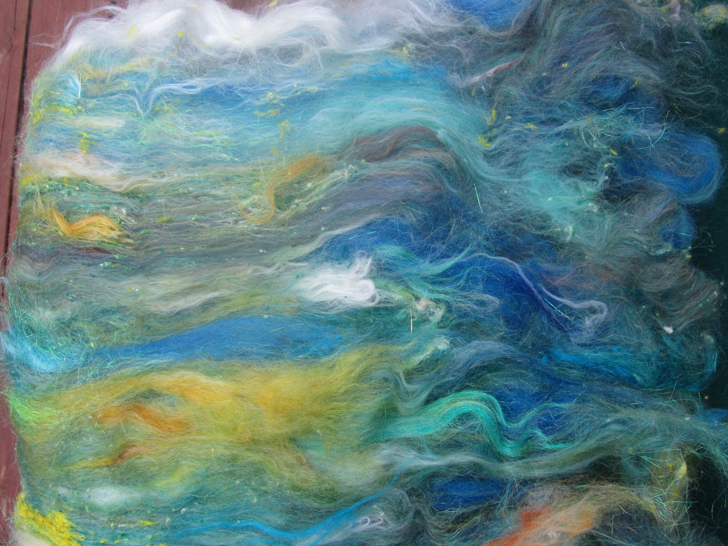 Fiber art batt for spinning: PLANET EARTH 4.4oz Mega-batt, hand-dyed wool, panda, llama, silk noil, wtih bamboo, Angelina, etc.