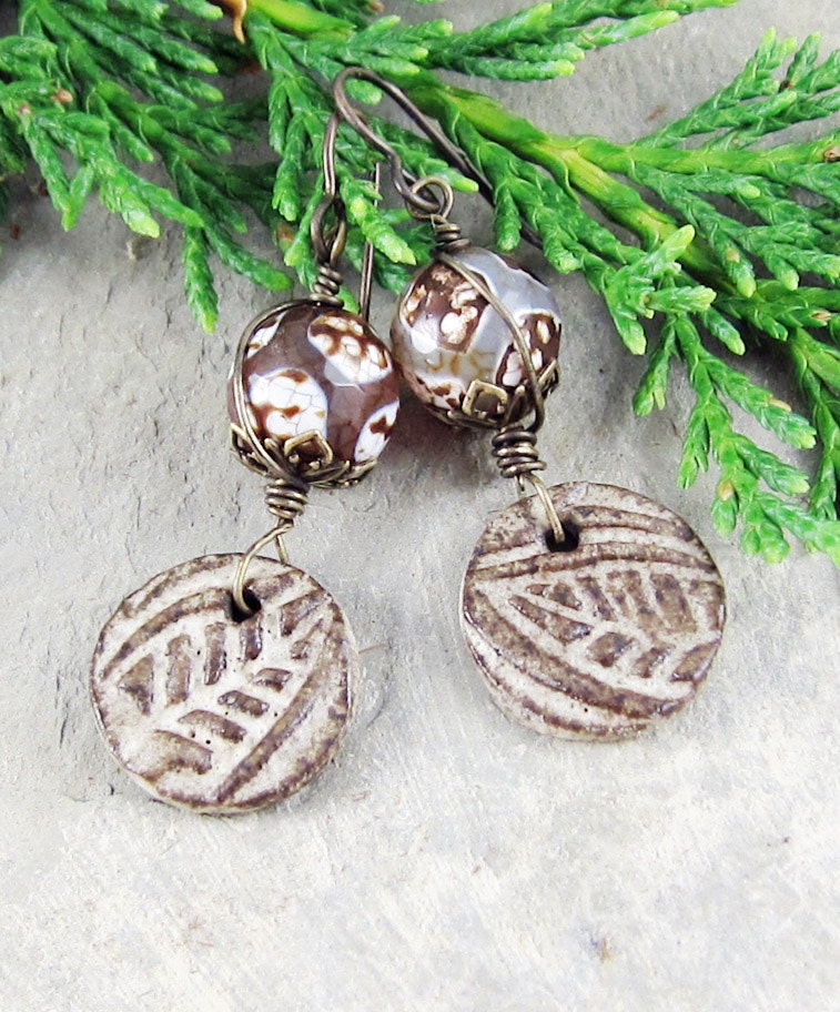 Rustic Ceramic Leaf Earrings Etched Agate Brown Cream Brass OOAK Handmade