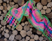 Felted Scarf Shawl Wrap: Hand Dyed Neon Green Yellow Blue Pink Silk, Wool nuno felt. Rainbow OOAK.