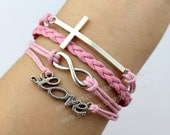 Silvery love bracelet bracelet infinity karma bracelet cross bracelet pink leather bracelet best gift for friend.-N1616