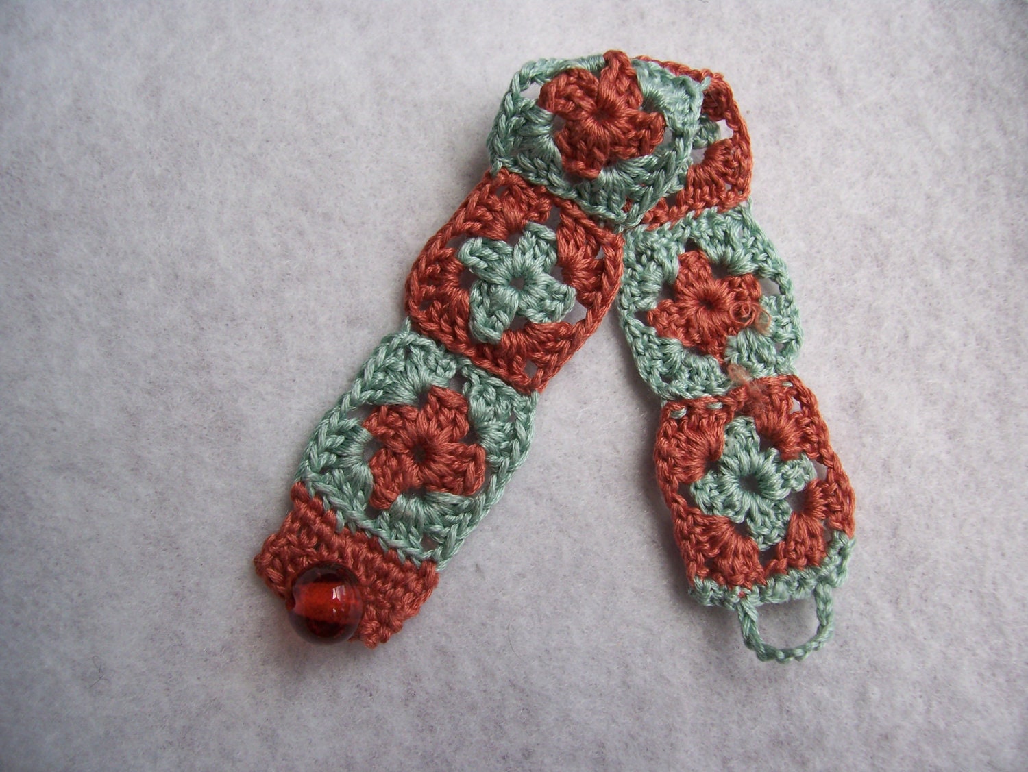Crocheted Blue and Rusty Amber Granny Square Bracelet