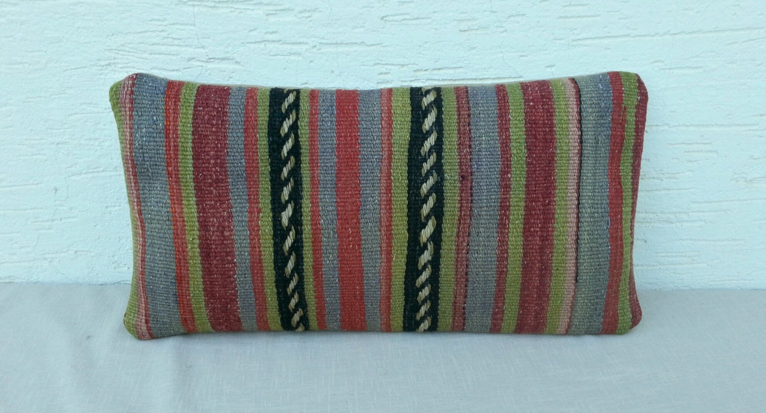 VINTAGE Home Decor Striped Handmade Red Blue Green Turkish Kilim Pillow Cover,Decorative Throw Pillows,Lumbar  Cushion,Bolster  Cushions.