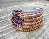 Beaded Leather 5 Wrap Bracelet with Blue Riverstone and Gold Czech Glass Beads on Saddle Leather
