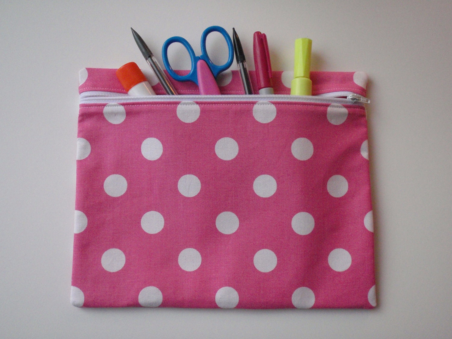 Pink Polka Dot Pencil Pouch / Polka Dot Zipper Pencil Case - SunnySkyDesigns