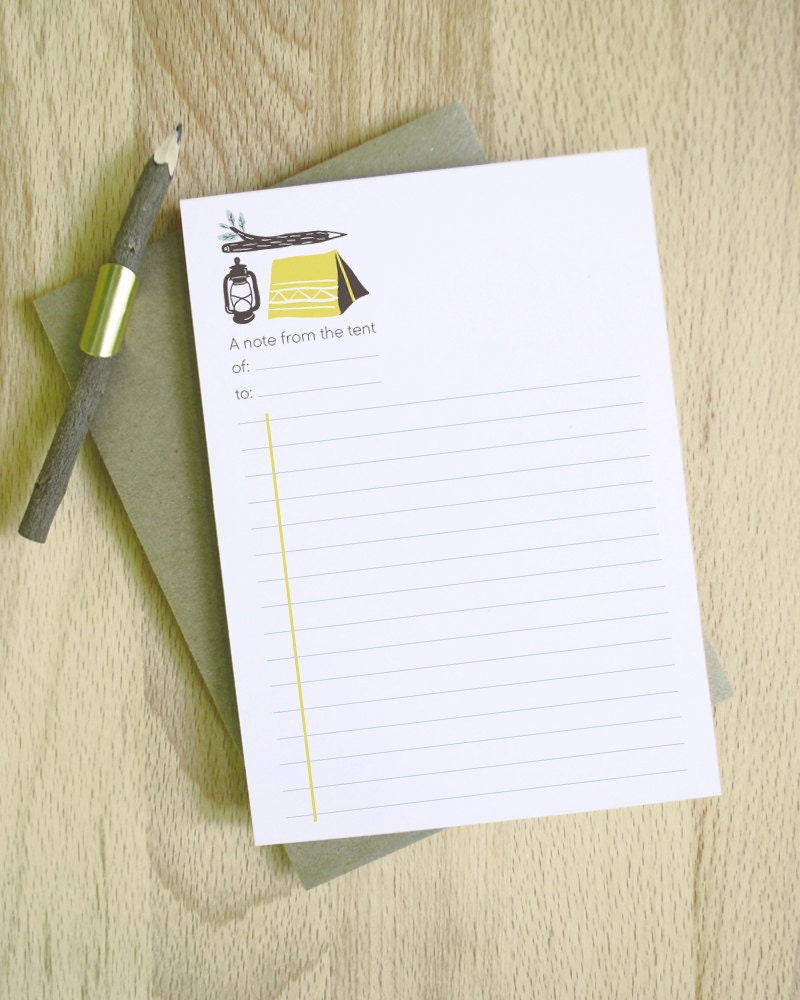 FREE SHIPPING A Note From The Tent of You 5x7 flat stationery set of 4 cards moonrise kingdom inspired tent lantern pencil illustration