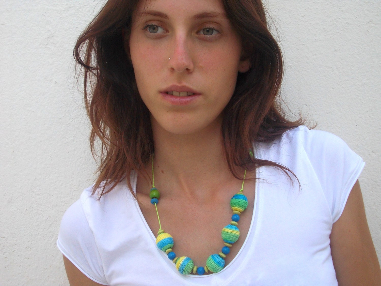 Multicolor Beaded Necklace-Colorful chunky boho necklace-neon yellow, lime green,aqua blue - covered acrylic and wood beads