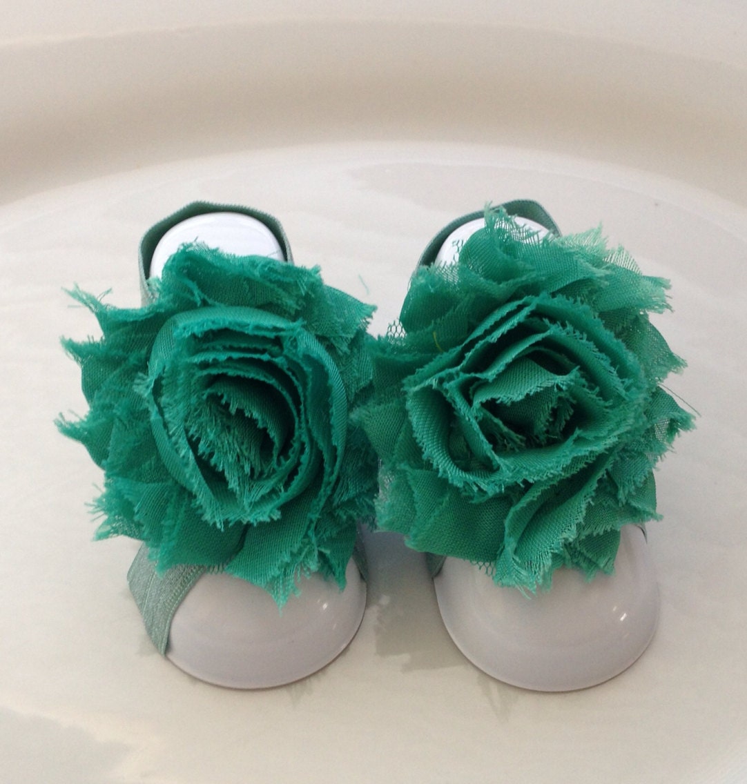 Dark Mint Green Color Shabby Chic Chiffon Baby Barefoot Sandals. Newborn Baby Girl Barefoot Sandals, Baby Girl Barefoot Sandals
