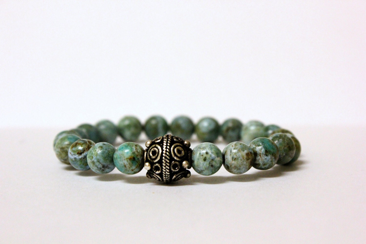 Handmade Stackable Stretch Bracelet Tribal Turquoise and Silver - Boho Soho Genuine Large Bead