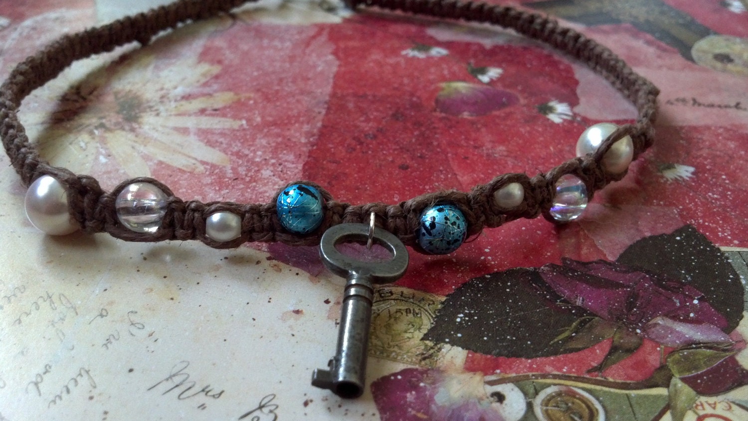 Hemp Choker Necklace and Earrings Set with Antique Vintage Keys