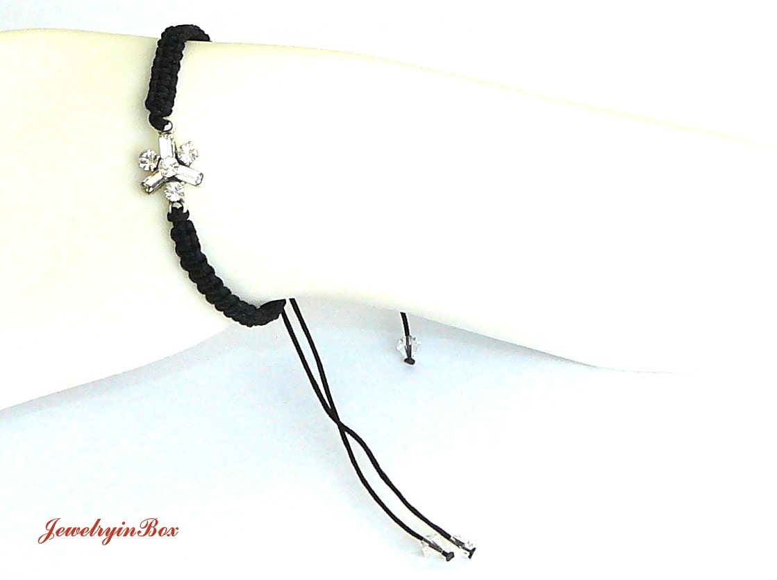 Black Macrame Snowflake Bracelet with White Swarovski Crystals