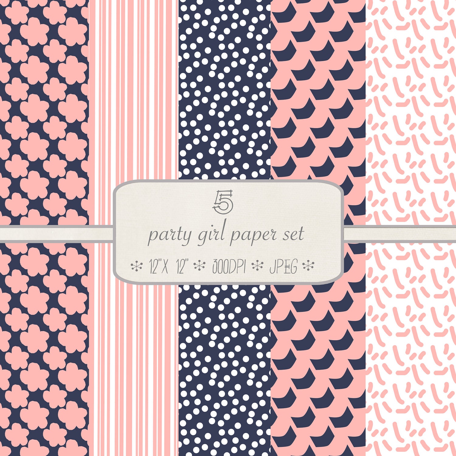 Patterned Digital Paper Pack // Party Girl // 5 pieces // jpeg files // 300 DPI // Instant Download Il_570xn