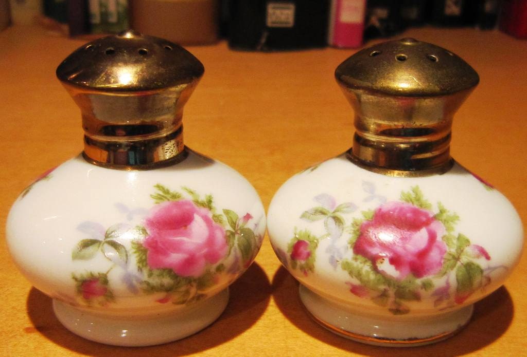 Reserved for Sandy Lefton Hand Painted China and Brass Salt and Pepper Shakers