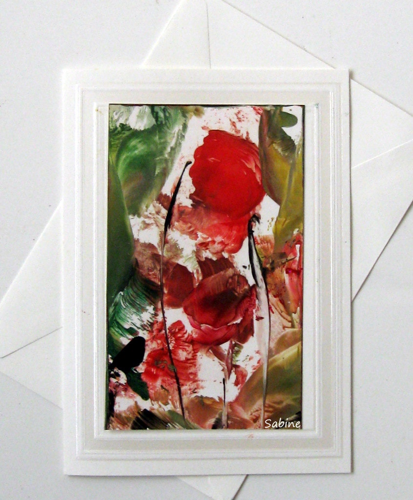 Red Poppies Original Encaustic Art Card CANCER RESEARCH Donation STUDIOSABINE 5"x7"i