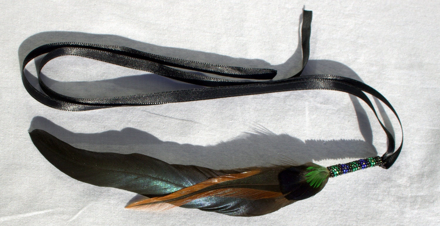 Handmade Iridescent Black and Green Hair Feather