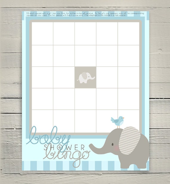 Printable Baby Boy Shower Bingo Game, Baby Elephant Bingo Game