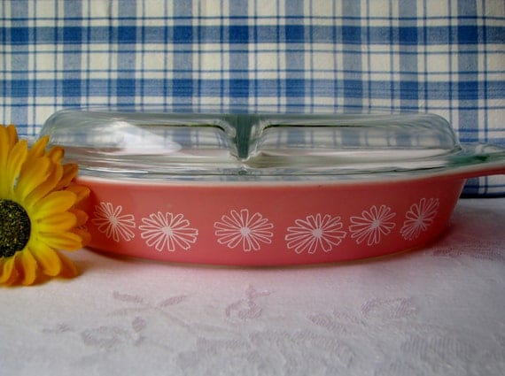 Pink Pyrex Daisy Divided Casserole Covered by LucyBettyNJune