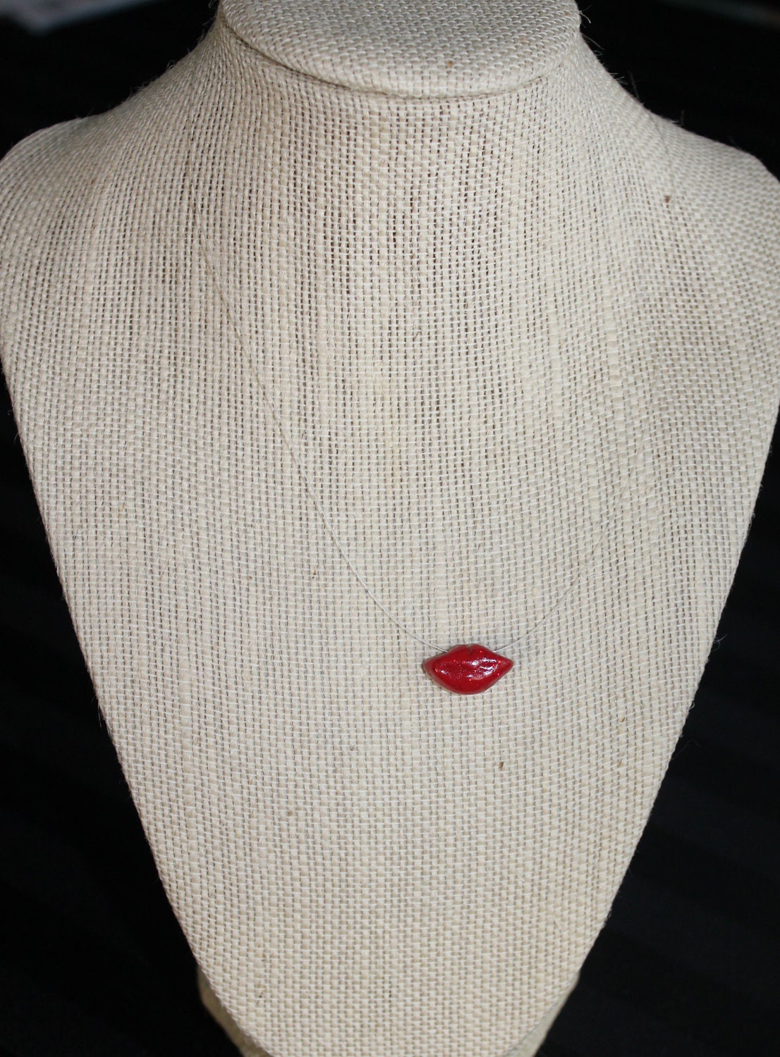Floating Red Lips Necklace - "Invisible Chain" Lips Necklace - Polymer Clay Red Lips Charm