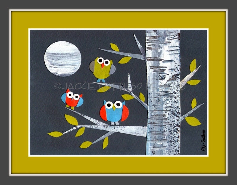 Owl art, Birch tree art, Owls in birch tree art, Original, Owl collage, Owls, Birch tree collage, Woodland nursery, Owl nursery, Forest art