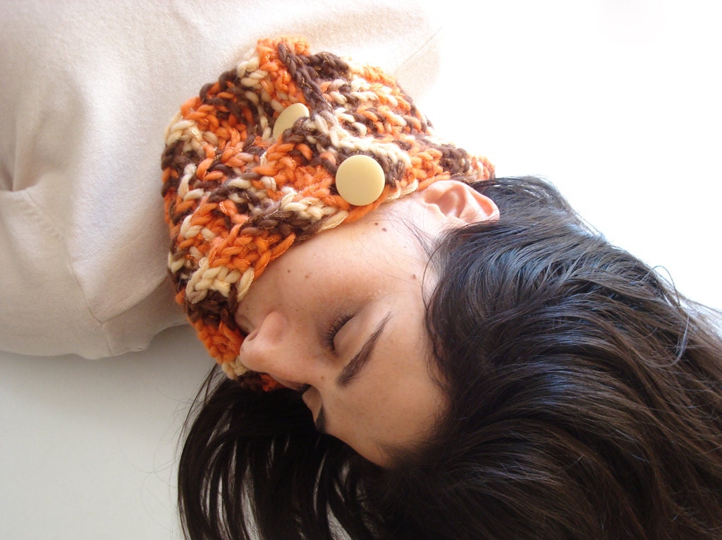 Women hand knit chunky cowl - orange (tangerine) and brown scarf with buttons - AlexMalexDesigns