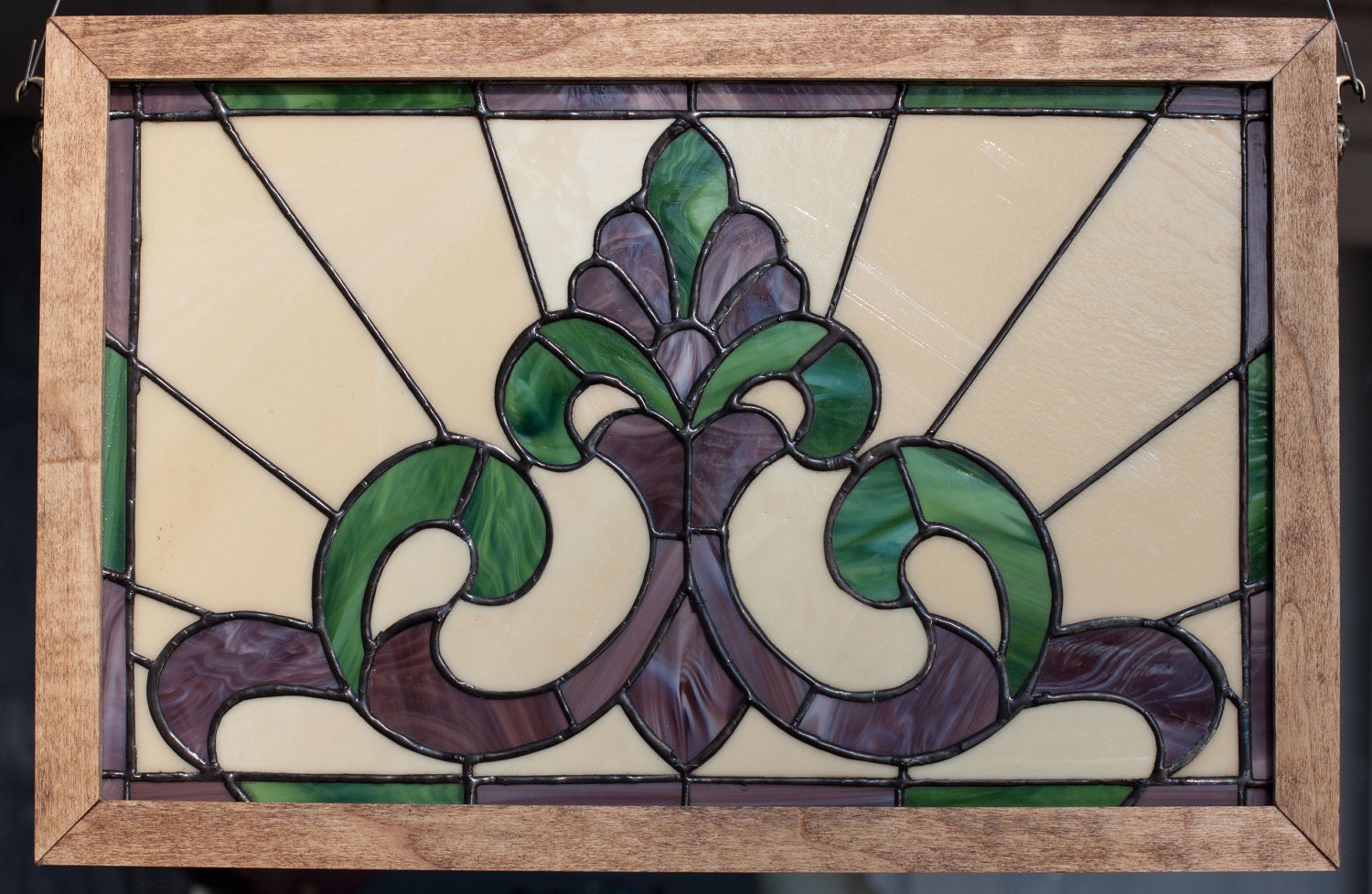 SALE  Real Stained Glass, "Victorian green/purple in wood frame" - PBTP