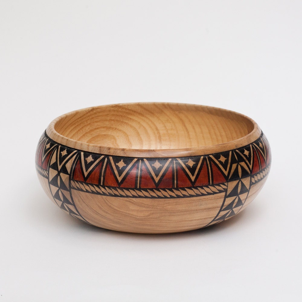 Hand Turned Northern White Ash Bowl with Hand Painted Red and Black Designs
