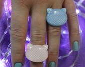 Kawaii Kitty Cat acrylic glitter kai deora pin-stripe cute knuckle adjustable novelty statement pink or blue ring