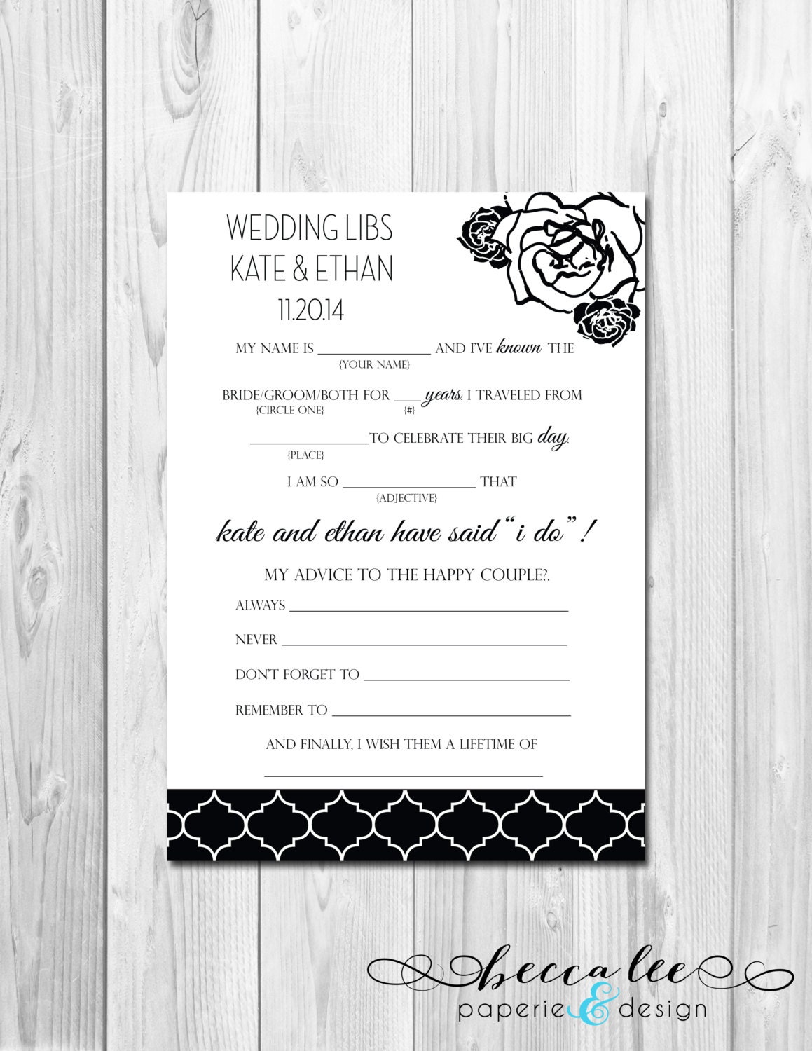 Wedding Advice Mad Lib - Black & White Floral - Customizable - Printable Il_570xn