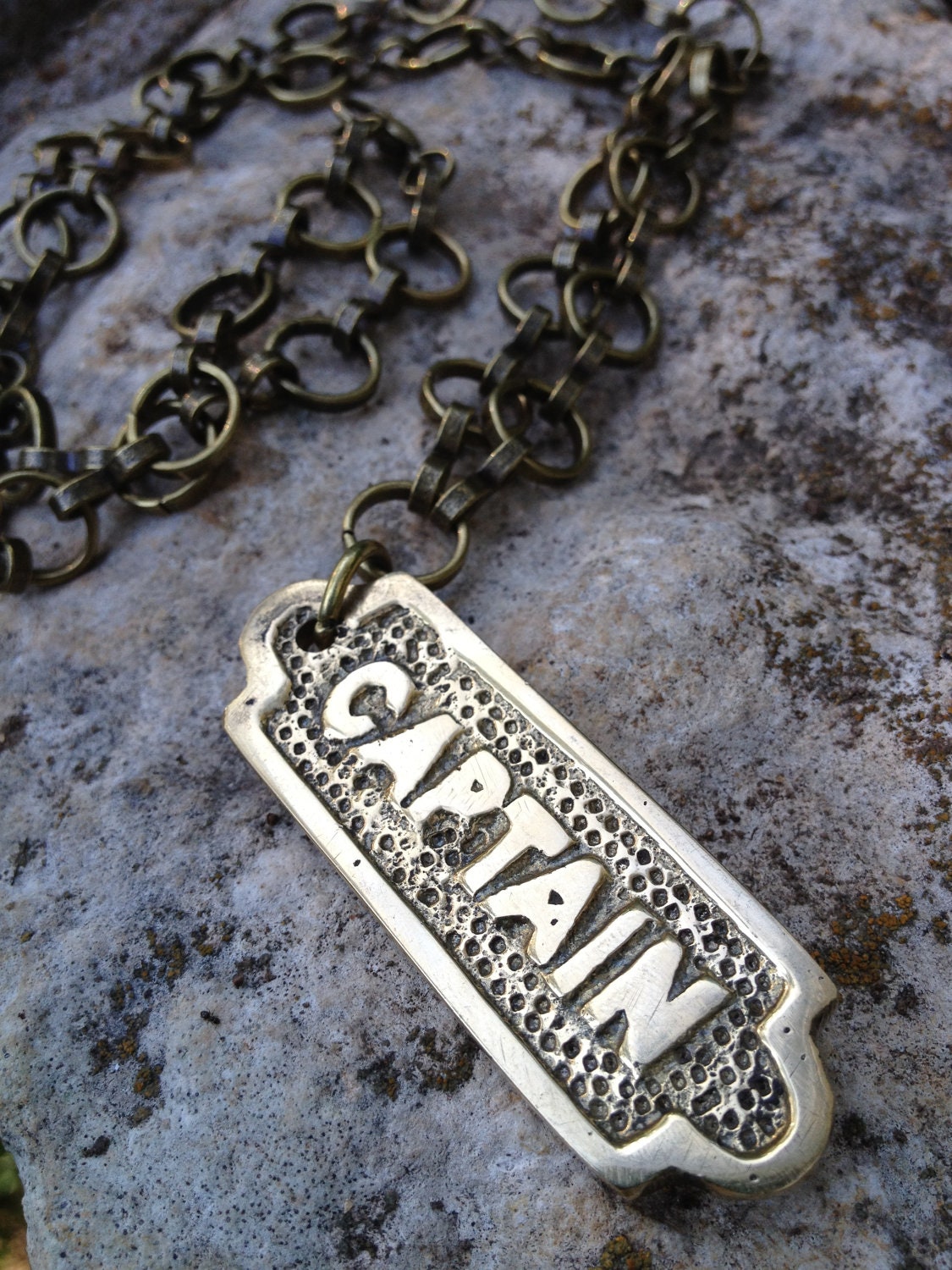 Heavy Brass Double-Sided Captain Pendant On Industrial Antiqued Brass Chain