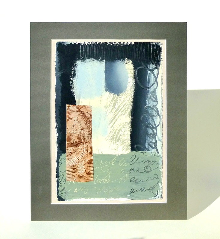 Dramatic Mixed Media Painting in Pale Blue and Black -Original Art With Copper-Wall Art, Unique Home Decor
