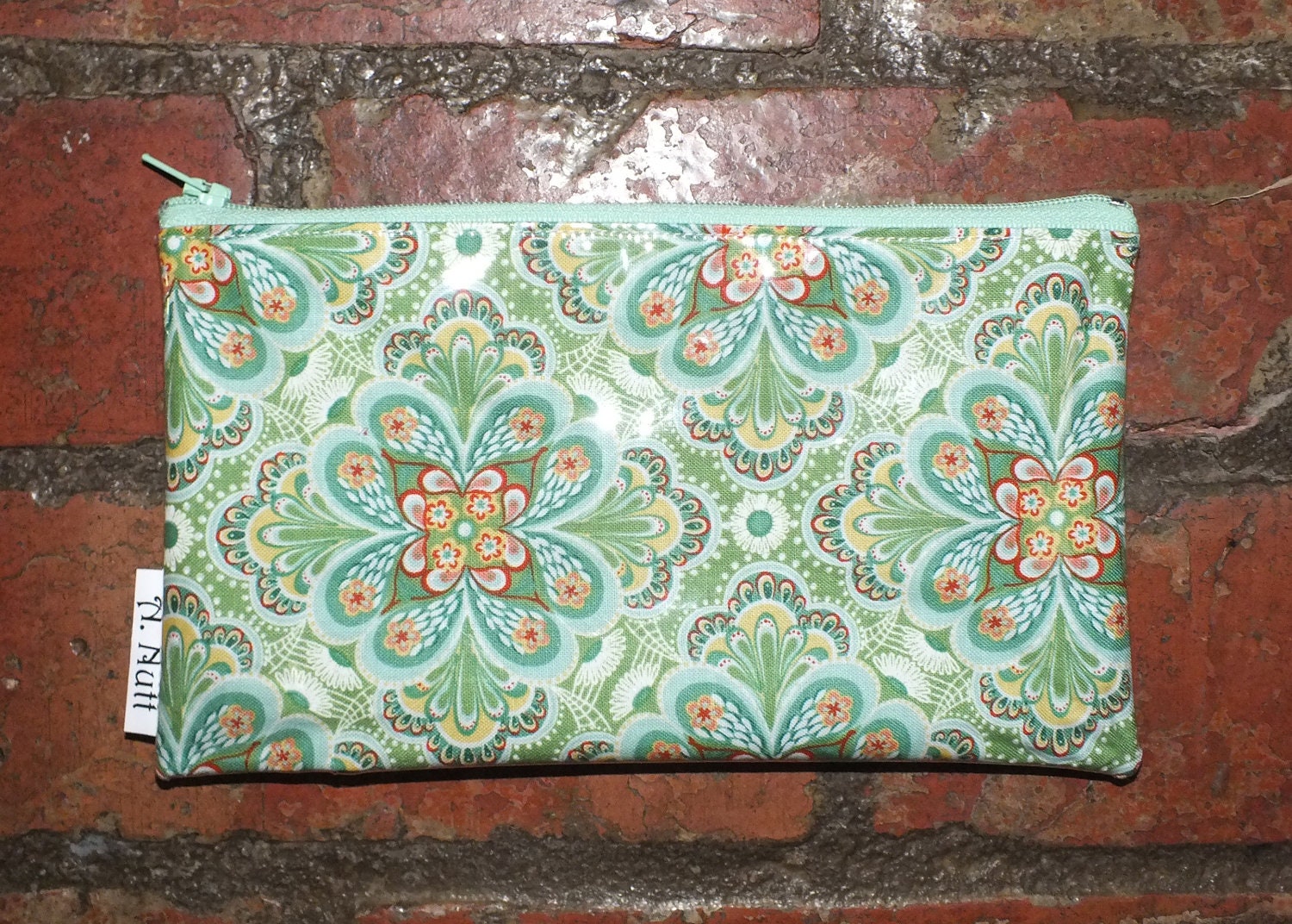 Long Purse. Pencil Case. Make-up Bag.- Blue/Green Kaleidoscope print