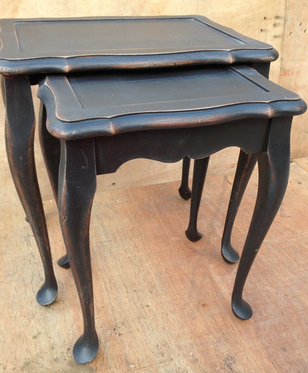 rustic, french provincial looking side tables, set of two. black wooden