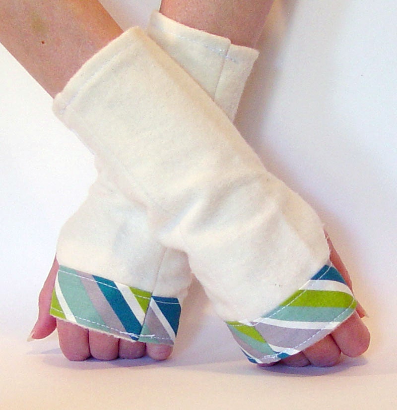 Fingerless gloves - organic cotton fleece - blue, green, white & grey stripes - small/medium - OrganicConvert