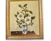 Needlepoint, Vintage Country Chic Handmade Home Decor, Framed Art Work, Wall Hanging Floral Design White Flowers