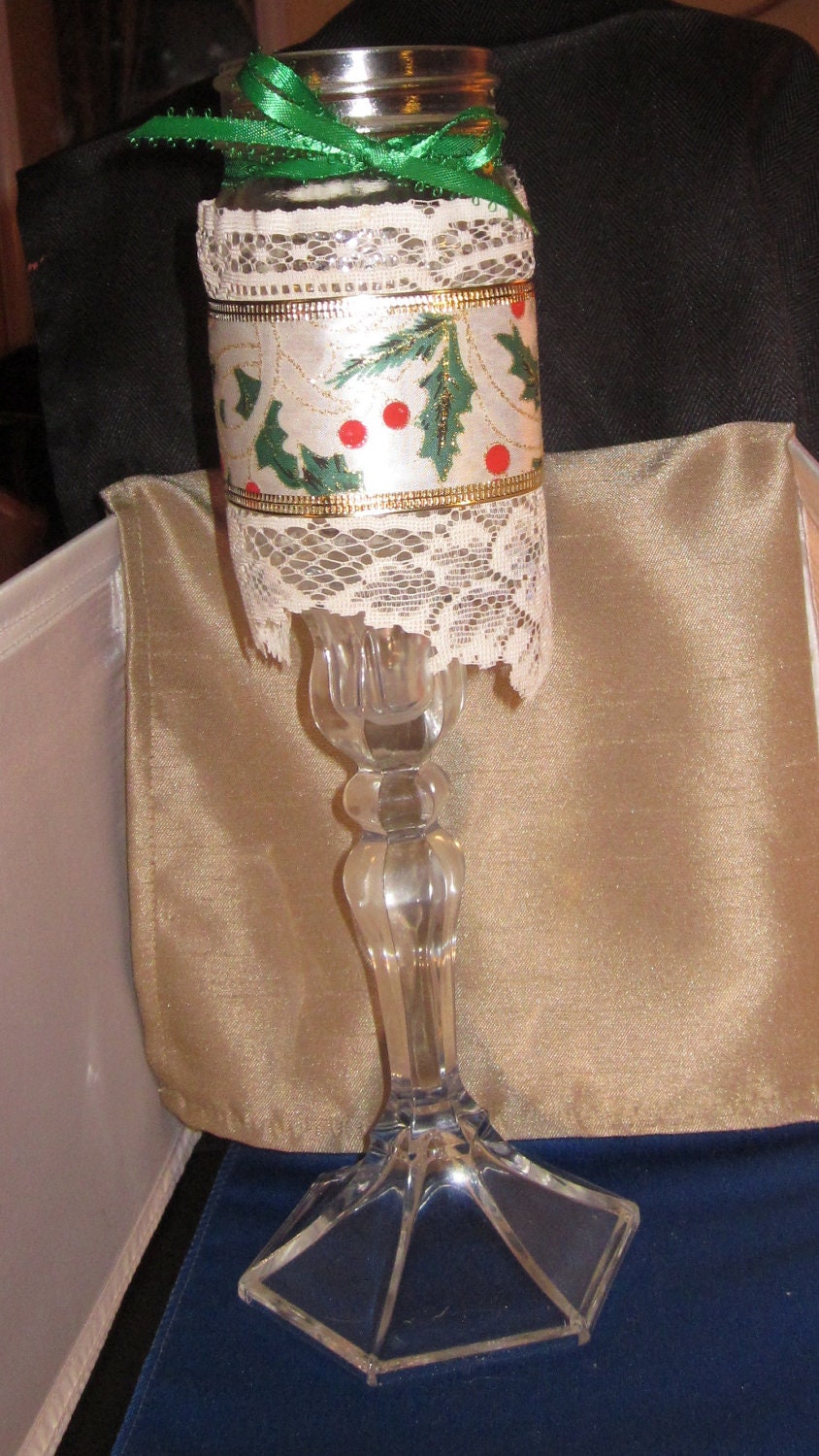 Mason Jars, Elegant Vintage Lace and White and Green  Ribbon Christmas Luminary Candle  Holder Wedding Shower  Center Piece