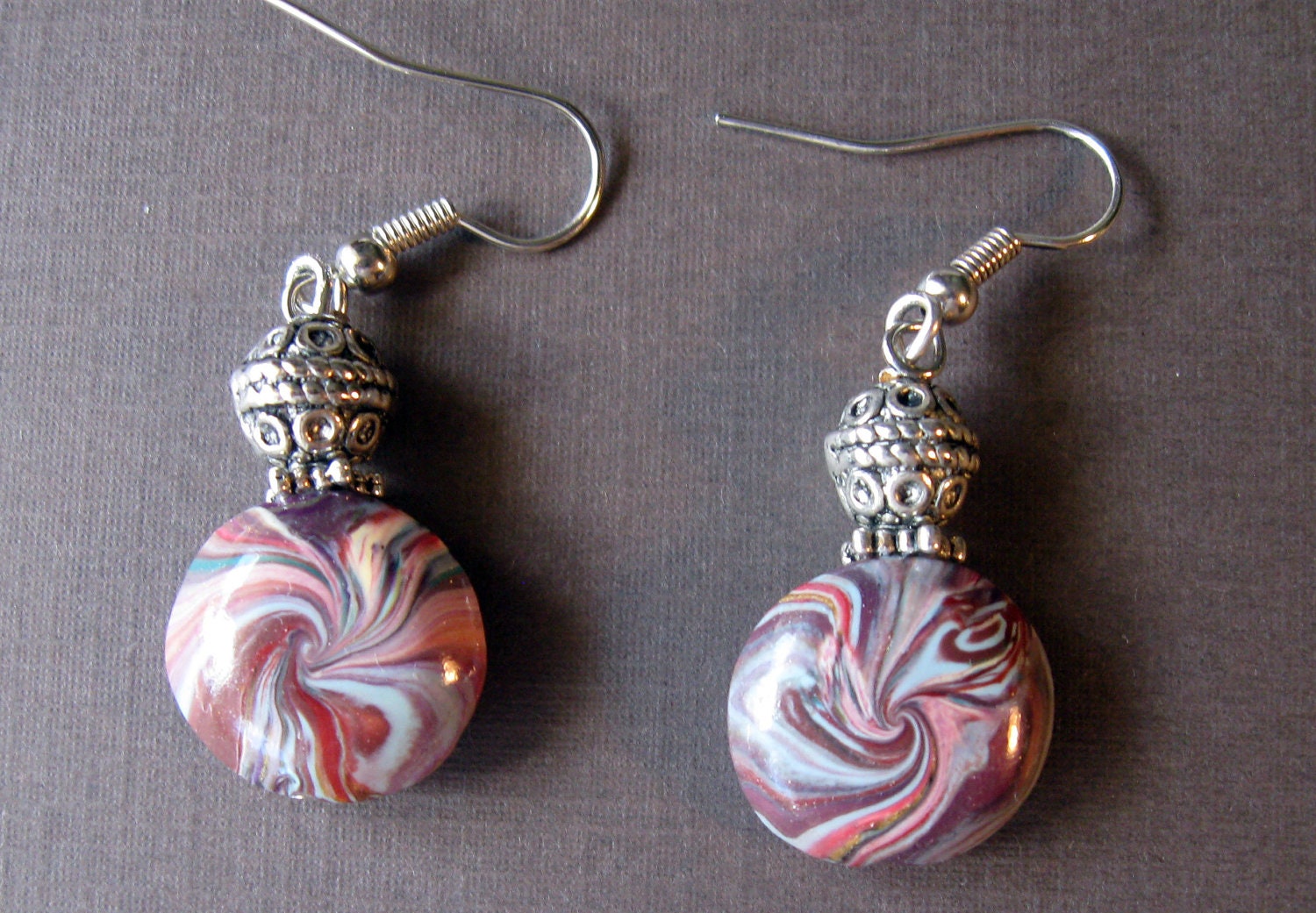 Polymer Clay Earrings, Faux Agate Dangles, Mauve, Pink, Sky Blue, Swirled Pierced Flat Round Disc