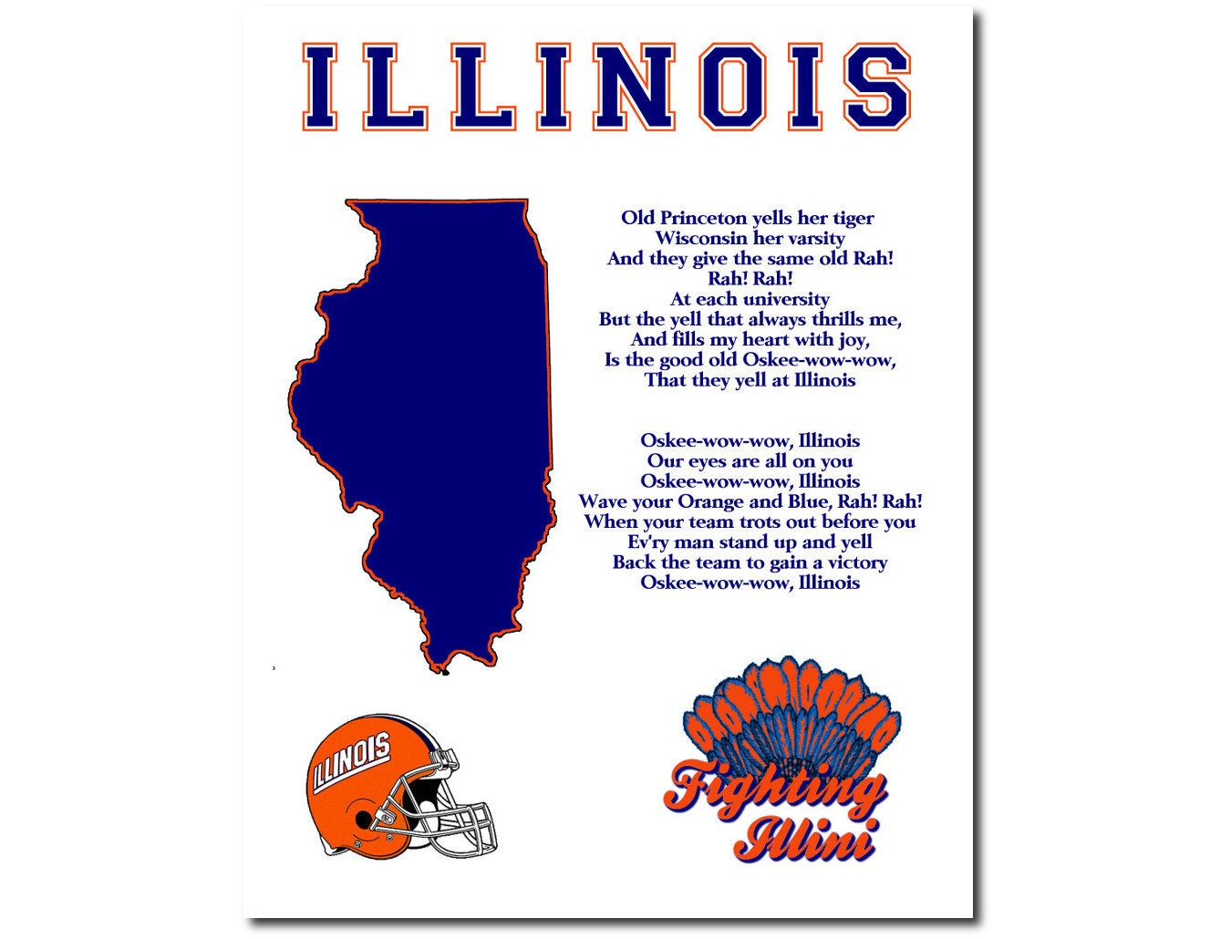 Illinois Fighting Illini Football Art Print State Map Sports Fight Song 8x10